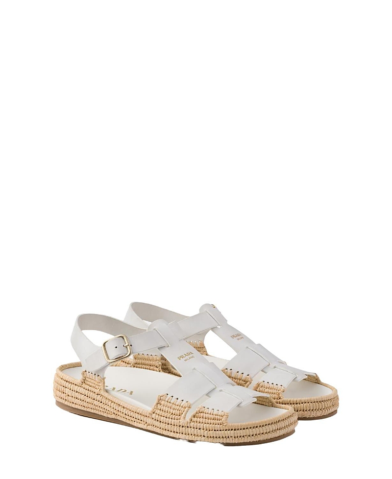Prada Leather Fisherman Espadrille Sandals In White