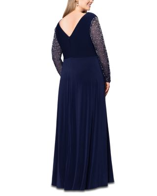 Plus Beaded Sleeve V Neck Gown