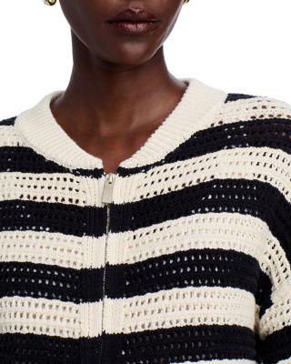 Open Knit Bomber Crewneck Cardigan Sweater