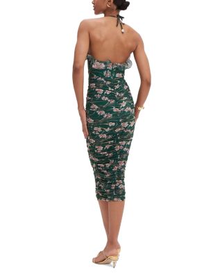 Botanic Ruffle Neck Ruched Midi Dress