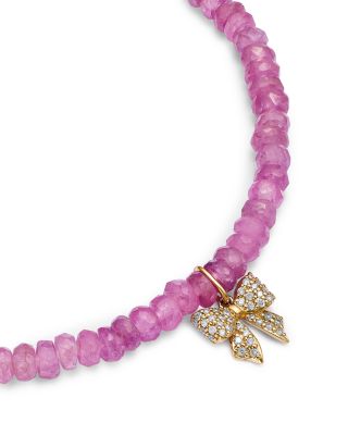 14K Yellow Gold Pink Sapphire Rondelle & Diamond Bow Charm Stretch Bracelet