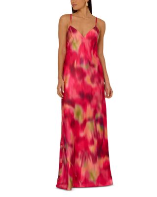 Printed Satin V Neck Long Dress