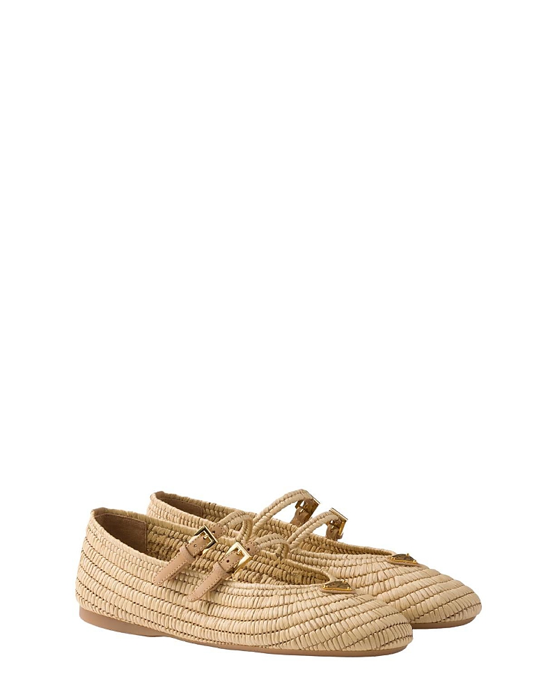 Prada Woven Texture Double Buckle Round Toe Flats