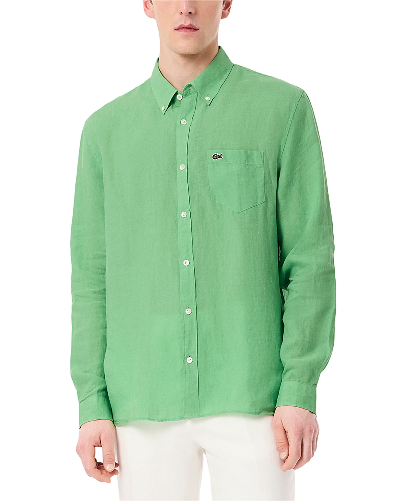 Lacoste Linen Regular Fit Button Down Shirt In Green