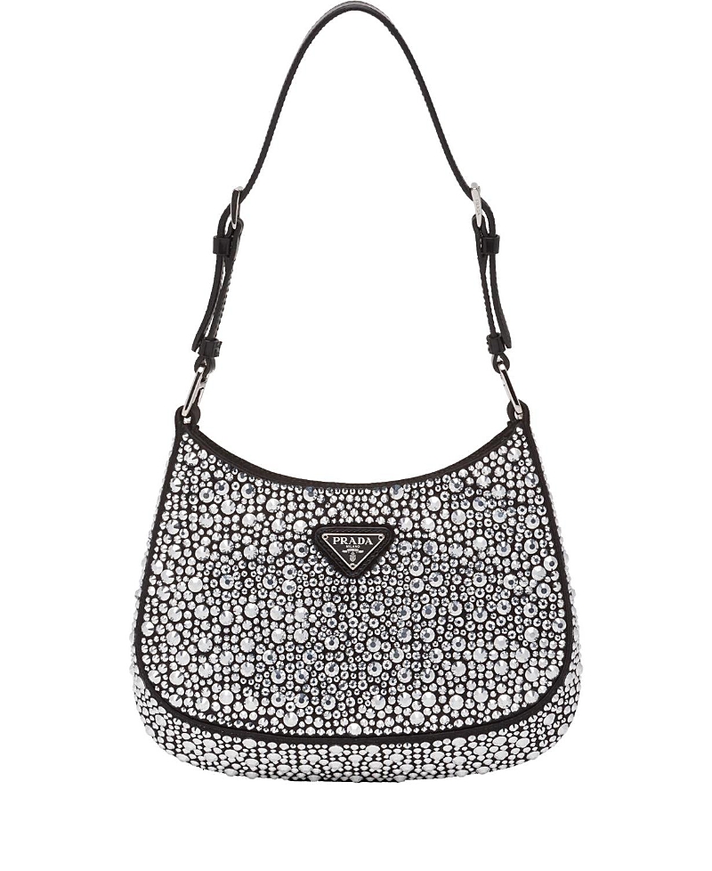 Prada Cleo Crystal-embellished Shoulder Bag In Silver