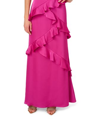 Stretch Satin Ruffle Long Dress