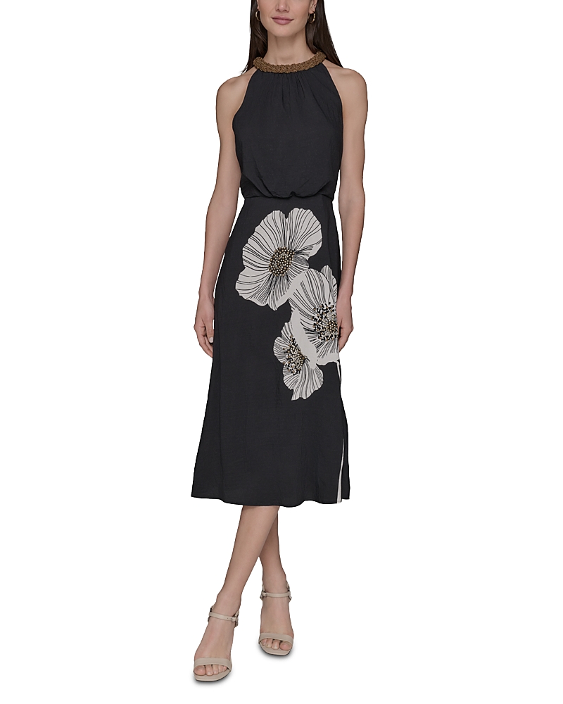 Karl Lagerfeld Beaded Neck Floral Graphic Dress 2p 16 In Black