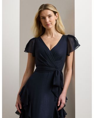 Ruffle Trim Metallic Chiffon Gown