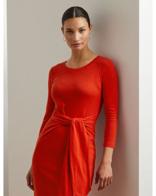 Tie Front Cotton Blend Crewneck Dress
