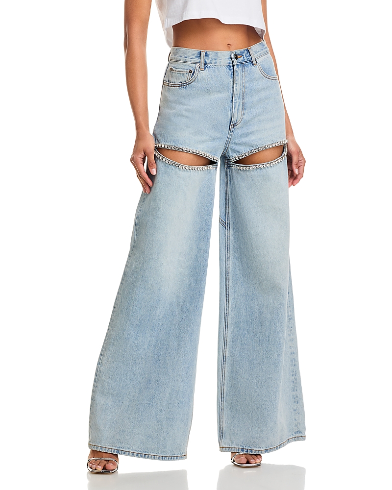 Area Wide Leg Crystal Slit Jeans in Light Blue