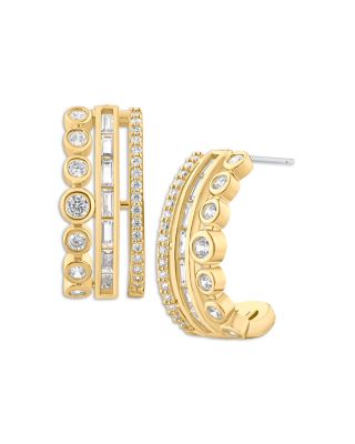 Kenneth Jay Lane - Round, Baguette & Pav&eacute; Cubic Zirconia Half Hoop Earrings