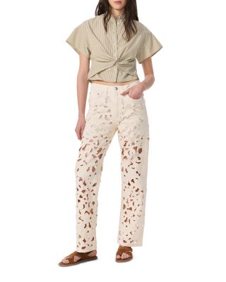 Logan Floral Cutout High Rise Wide Leg Jeans in Ecru