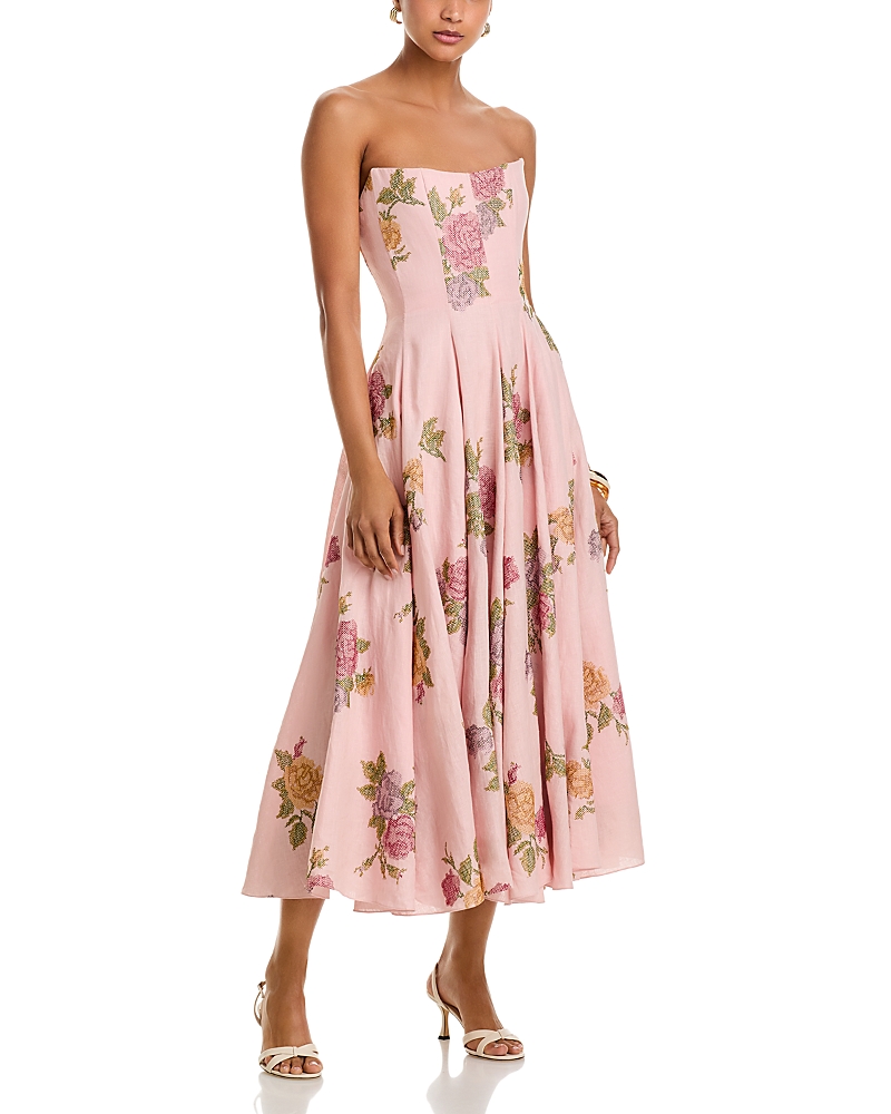 Markarian Rousseau Light Pink Cross Stitch Floral Linen Strapless Midi Dress In Pink