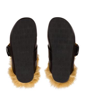 Women's Flat Leather and Faux Fur Mules