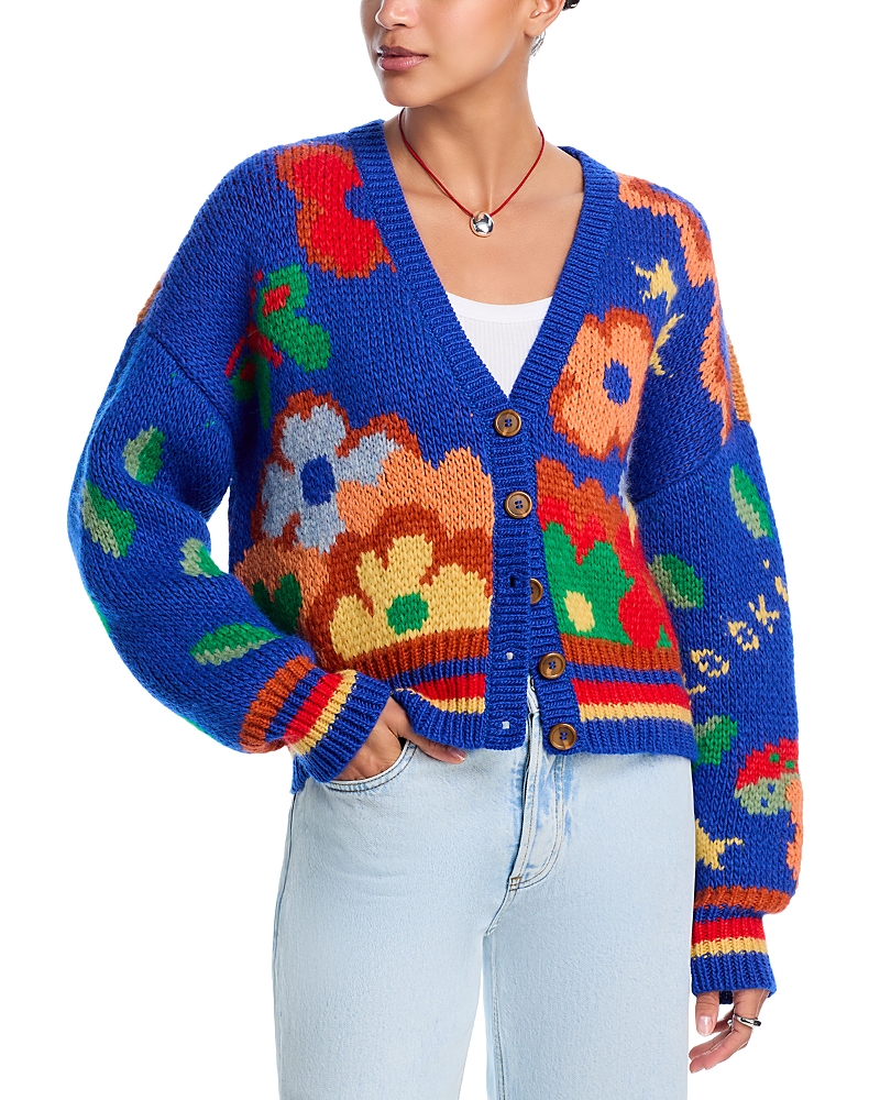 Mother Womens Fantasia The Button Floral-intarsia Wool-blend Cardigan In Blue