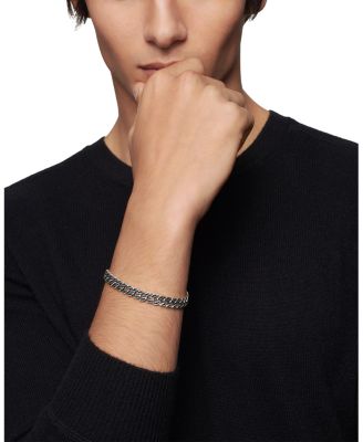 Men's Curb Chain Bracelet in Sterling Silver with Black Diamonds, 8mm