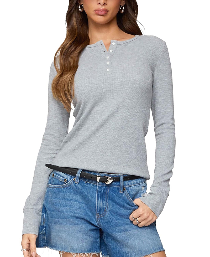 Edikted Helanie Long Sleeve Waffle Stitch Henley In Gray