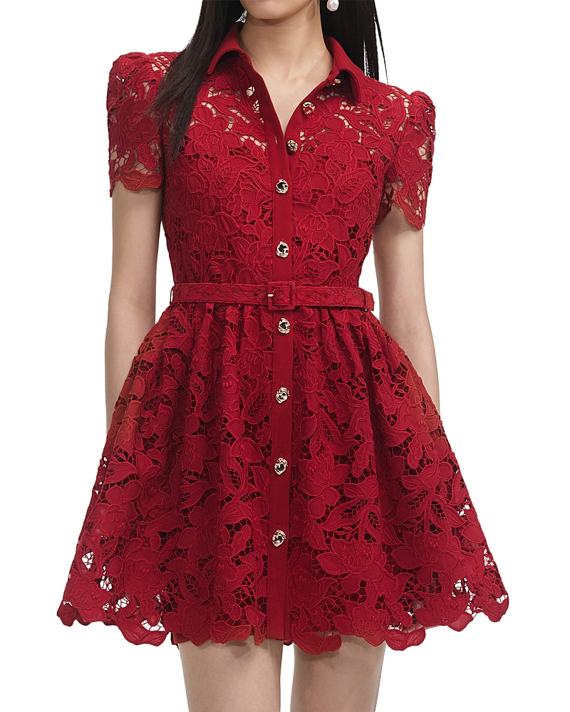 Self-portrait Womens Embroidered Collared Lace Mini Dress Burgundy In Red