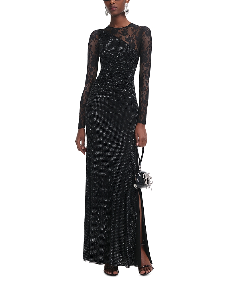 Self-Portrait Black Rhinestone Lace Sleeve Maxi Dress