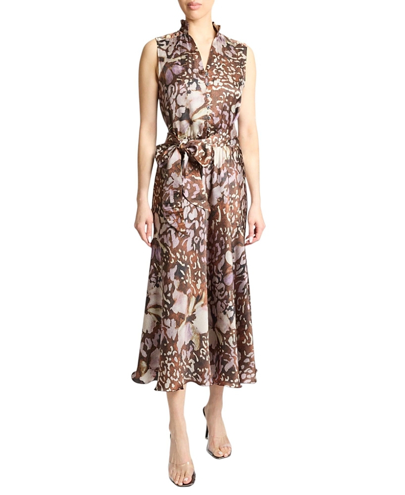 Santorelli Nirva Sleeveless Ruffle-neck Midi Dress In Abstract Floral Silk