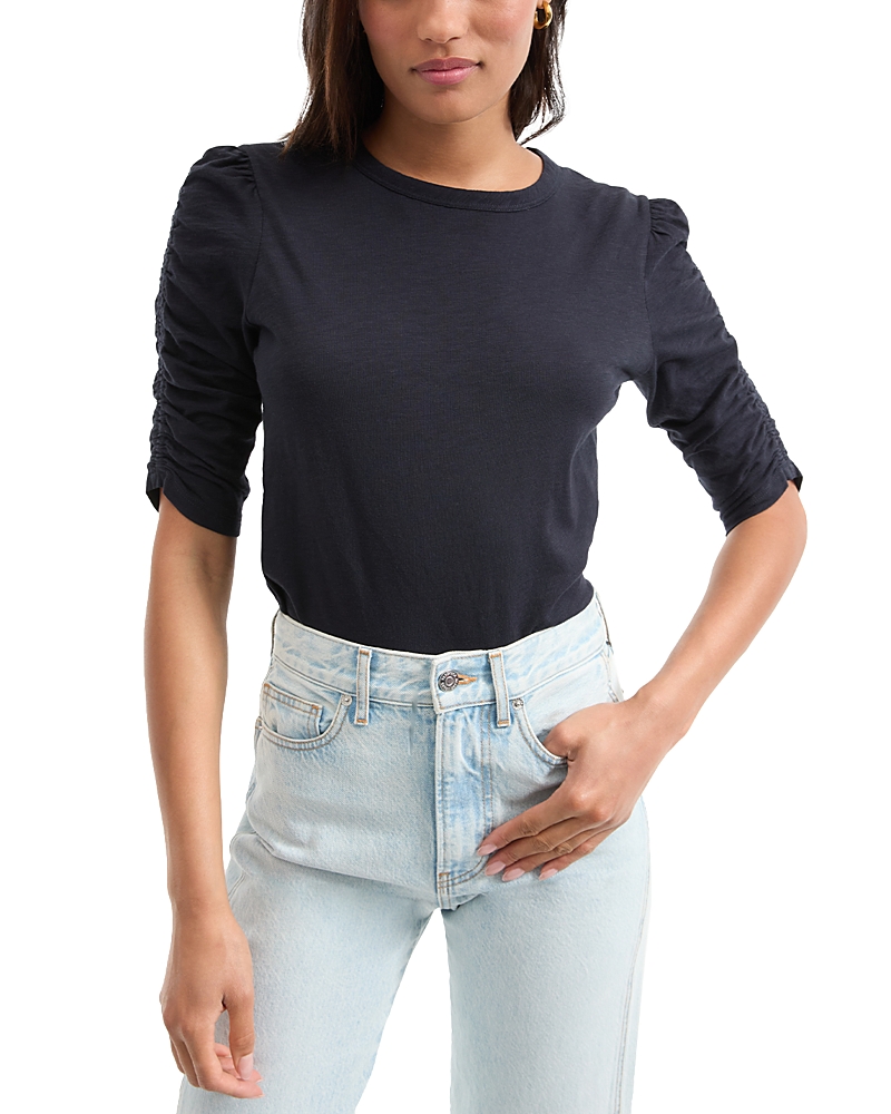 Veronica Beard Waldorf Ruched-sleeve Slub T-shirt In Black