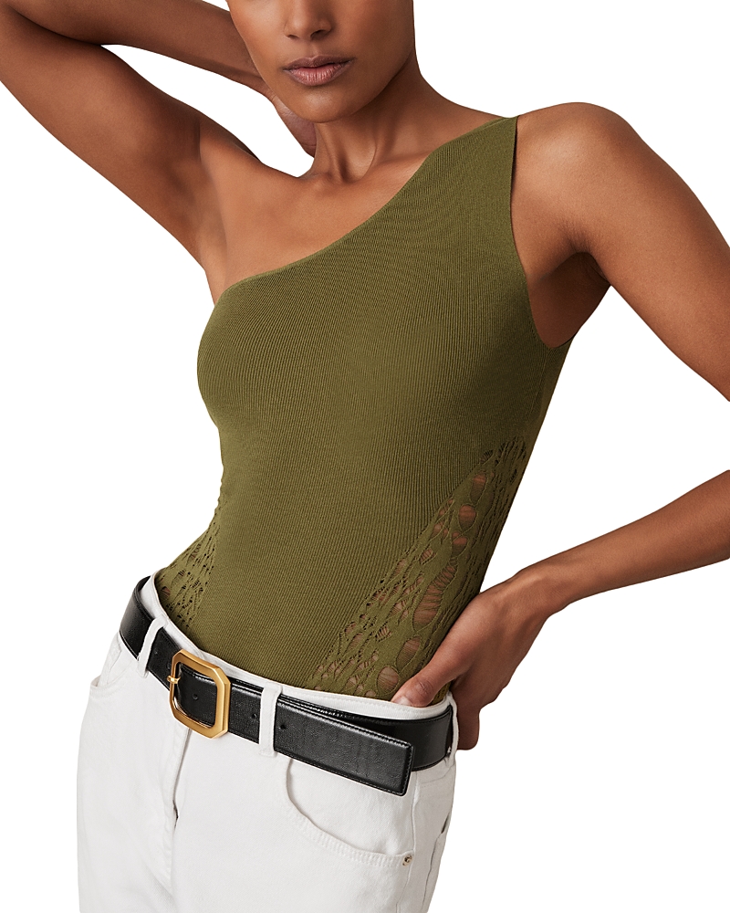 Reiss Womens Rosa Lace-embroidered One-shoulder Stretch-woven Bodysuit Green