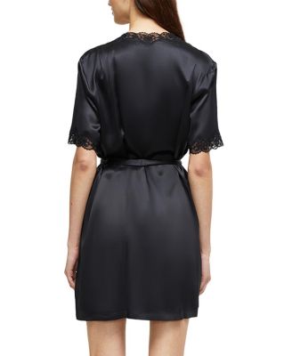 Silk Short Wrap Gown with Lace Trim Robe