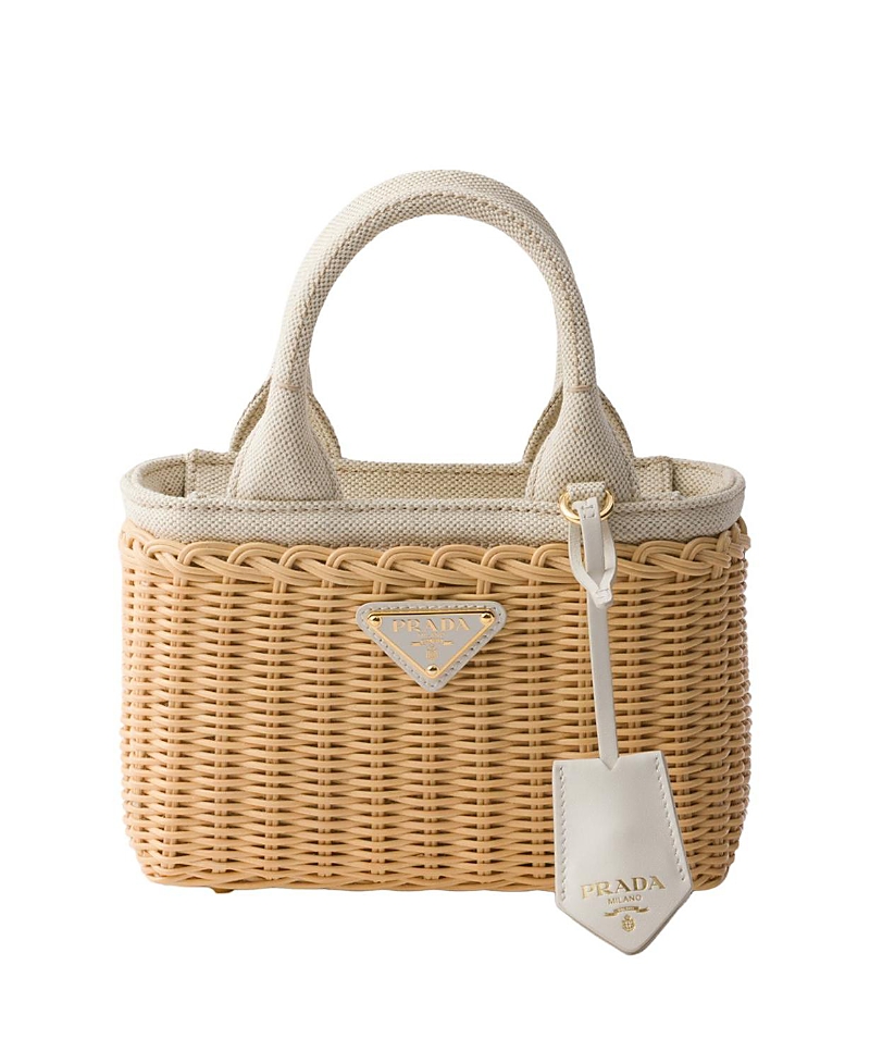 Prada Mini Tote Bag Aus Korbgeflecht Und Leinenmischgewebe