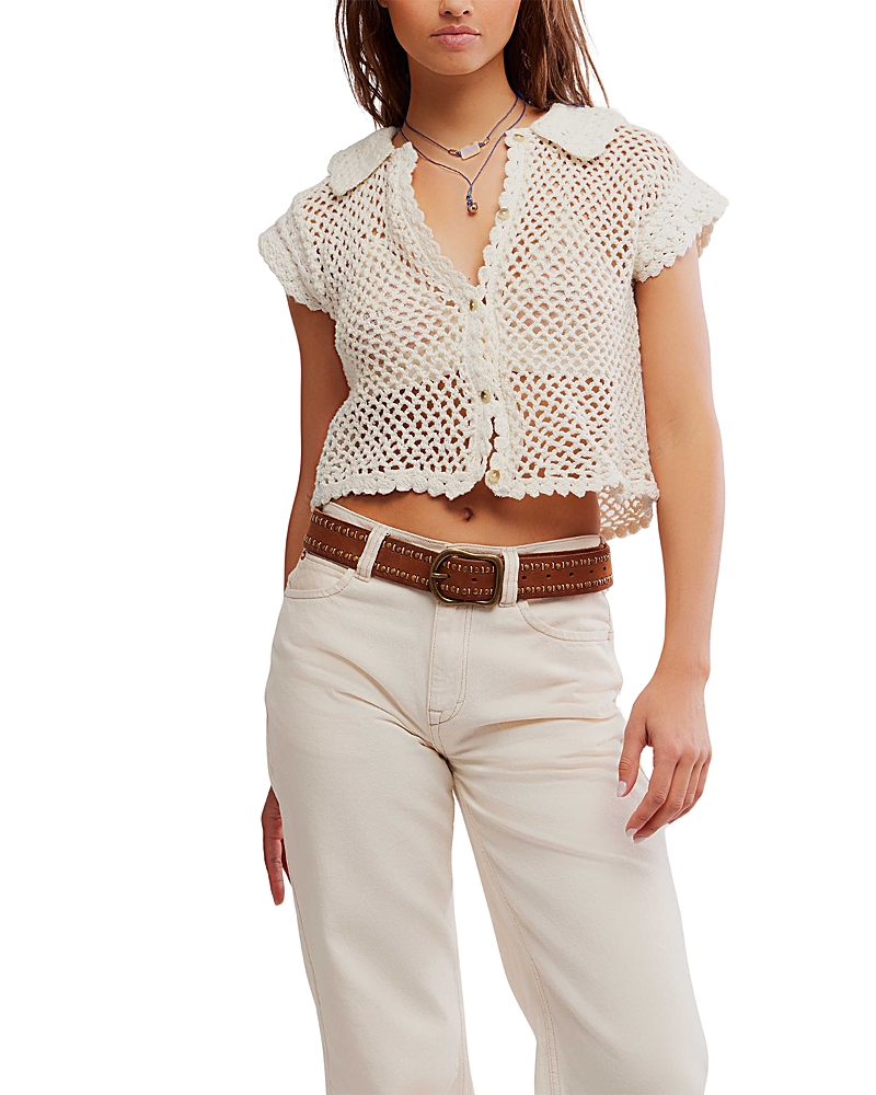 Free People Lily Crop Crochet Cardigan In White
