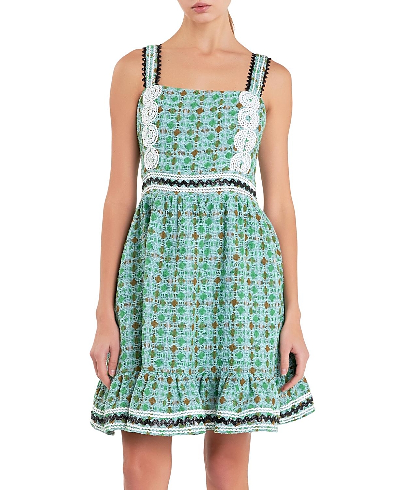 ENGLISH FACTORY WOMEN'S BOUCLE SQUARE NECK MINI DRESS WITH RIC RAC TRIM