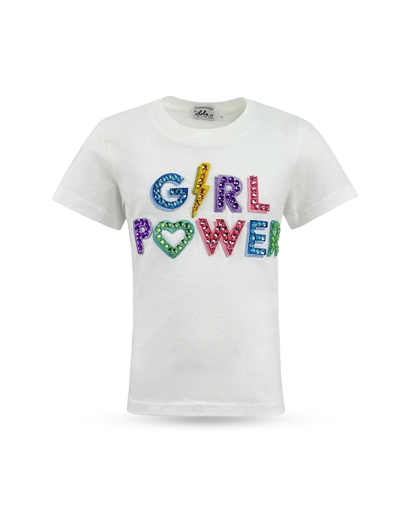 Lola + The Boys Girls' Crystal Studded Girl Power Tee - Little Kid, Big Kid In White