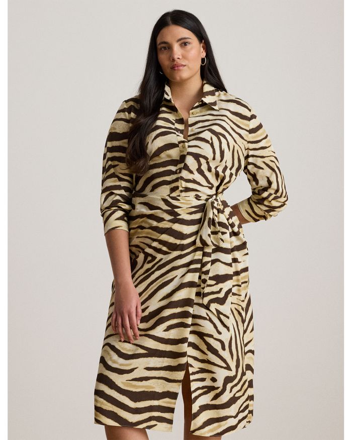 Zebra Print Tie Front Crepe Shirtdress