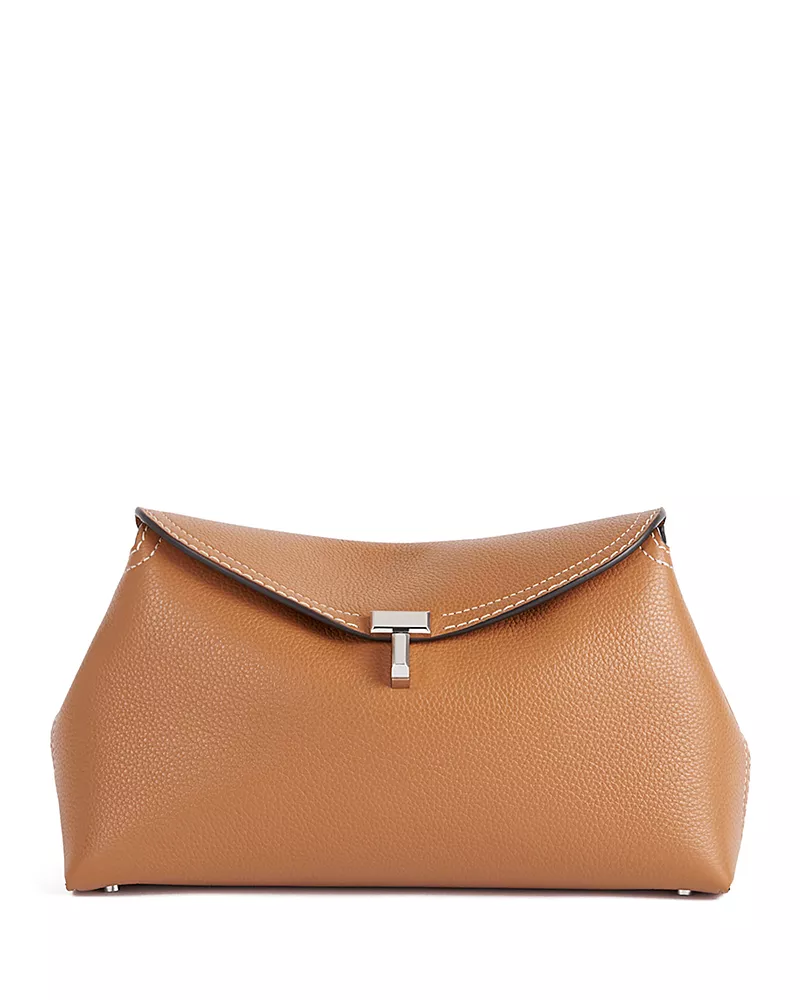 Toteme T-Lock Grained-Leather Convertible Clutch in Tan