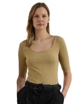 Rib Knit Cotton Blend Elbow Sleeve Tee