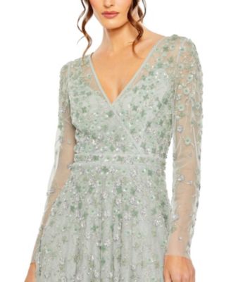 Embellished Wrap Over Illusion Long Sleeve A Line