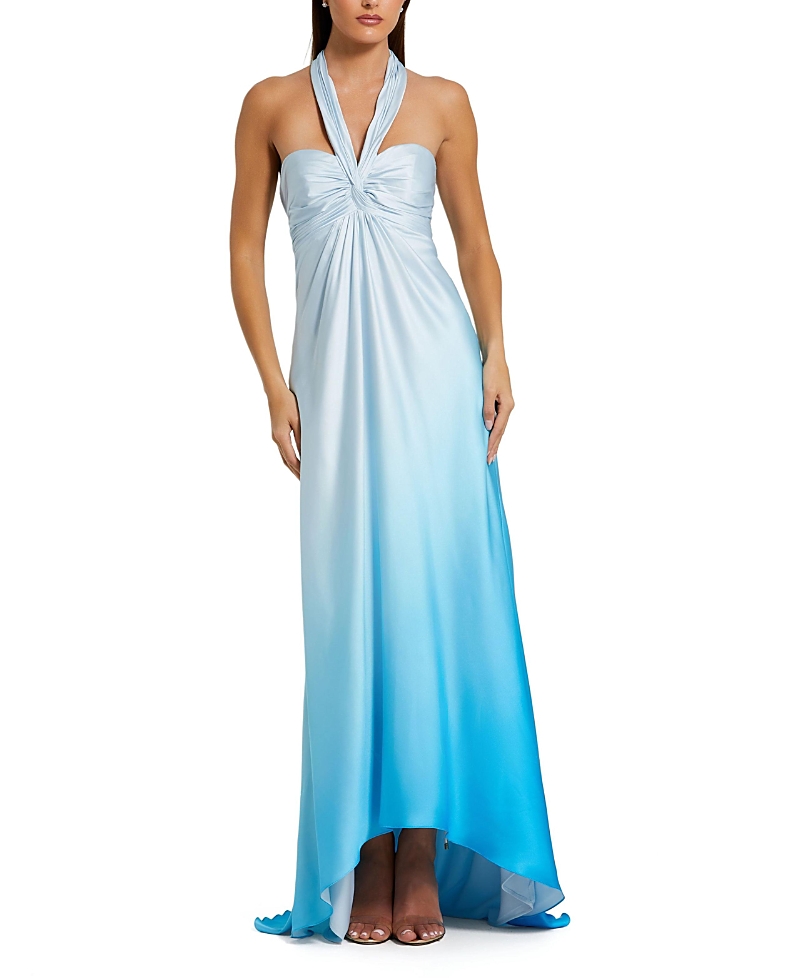 Mac Duggal Charmeuse Tie Halter Neck Ombre Gown In Blue