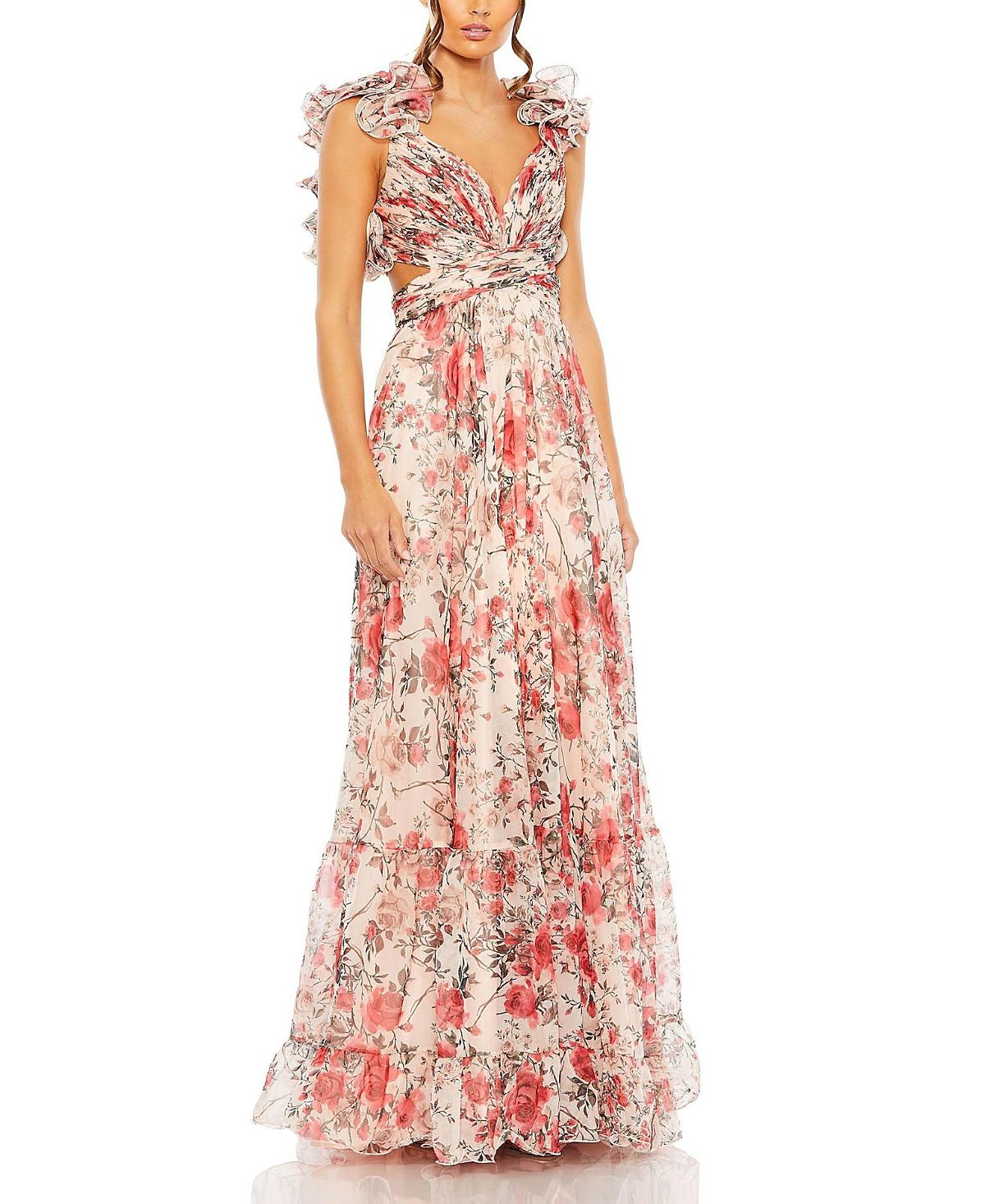 Mac Duggal Ruffle Tiered Floral Cut-Out Chiffon Gown