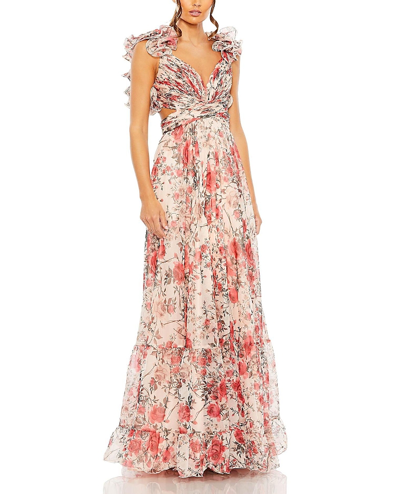 Mac Duggal Ruffle Tiered Floral Cut-out Chiffon Gown In Neutral