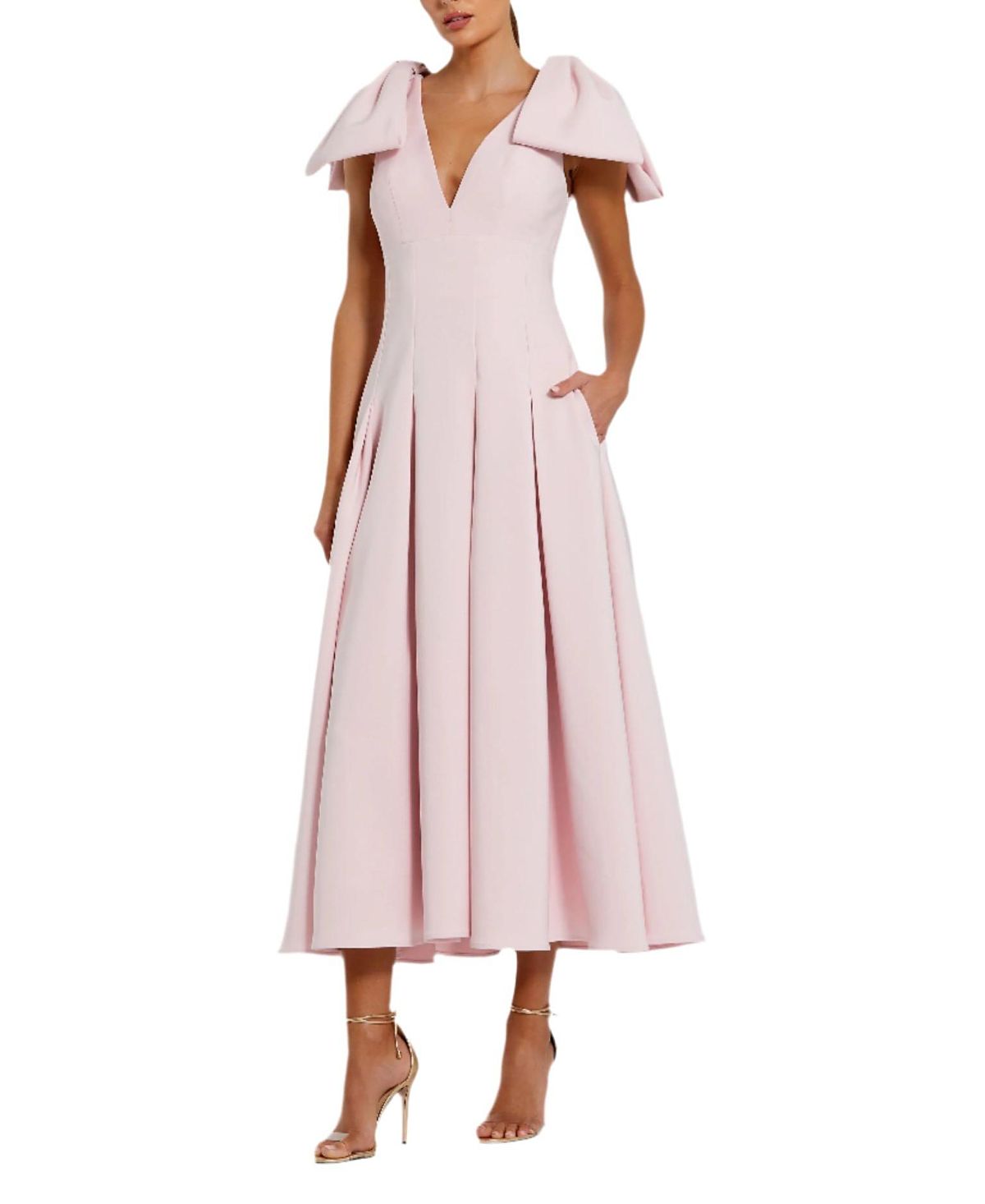 Mac Duggal Crepe A Line With Bow Straps Midi Dress