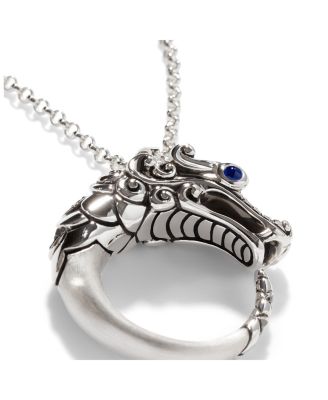Brushed Sterling Silver Naga Pendant Necklace with Black Sapphire, Black Spinel and Blue Sapphire Eyes, 16"