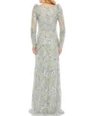 Embroidered Wrap Over Puff Sleeves Trumpet Gown