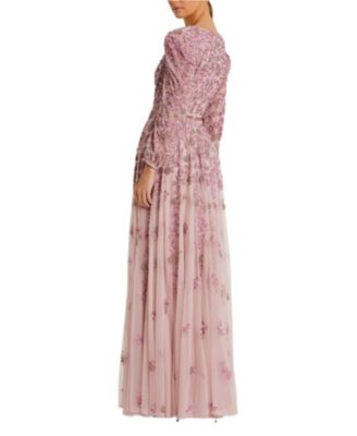 Embellished V Neck 3/4 Sleeve A Line Gown