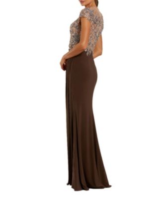 Jersey Gown With Crystal Applique Sheer Bodice