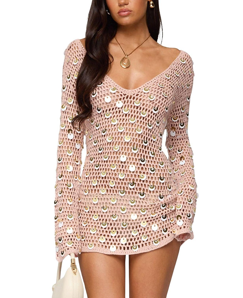 Edikted Corea Long Sleeve Sequin Crochet Minidress In Nude
