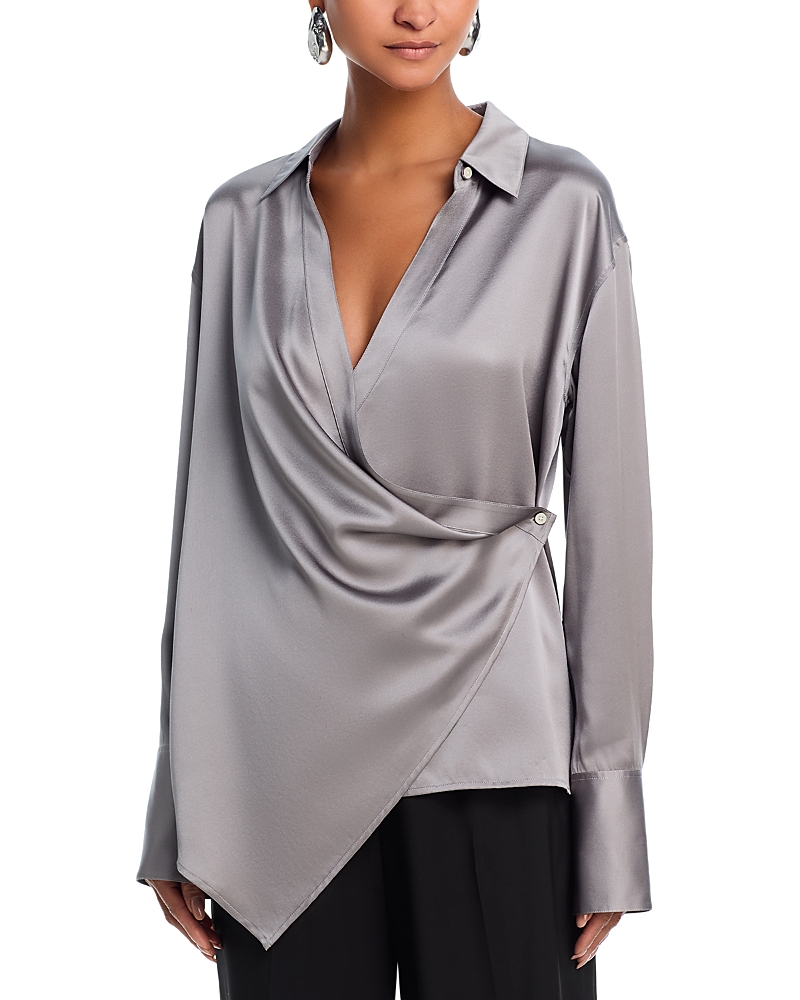 Helmut Lang Relaxed Silk Wrap Shirt In Gray