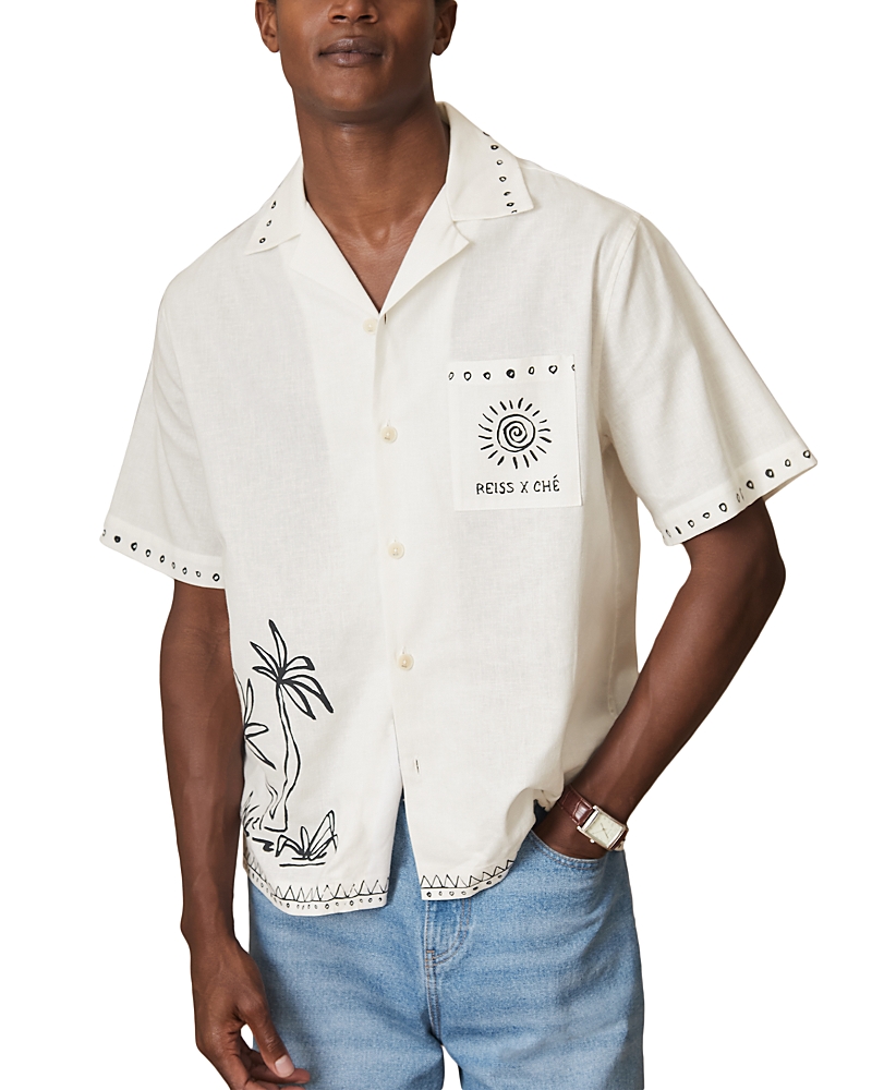 Reiss Galera Brushstroke Camp Shirt In White