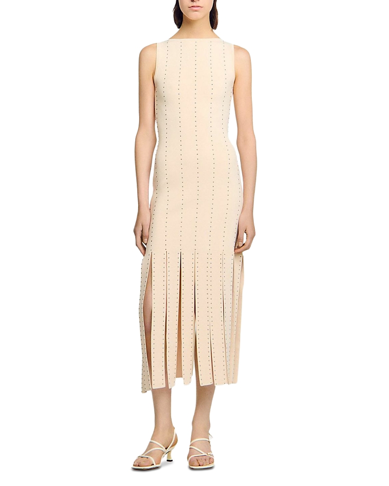 Sandro Womens Ecru Stud-embellished Fringed-hem Stretch-woven Maxi Dress In White