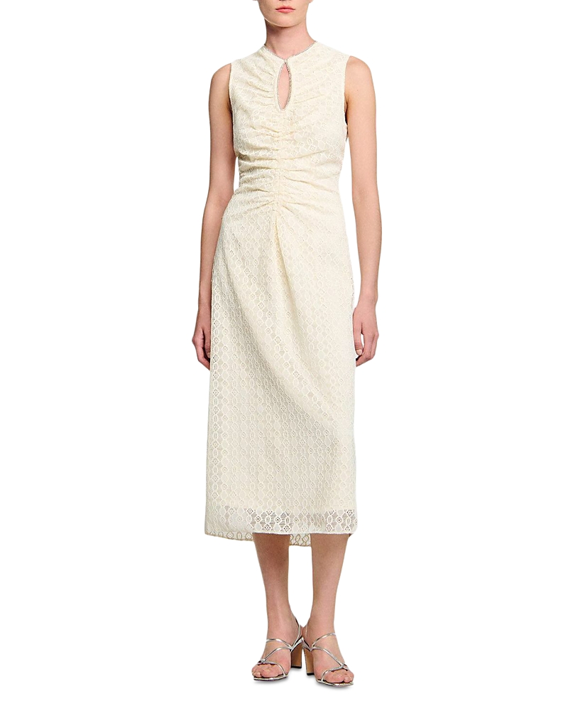 Sandro Lace Keyhole Maxi Dress In Neutral