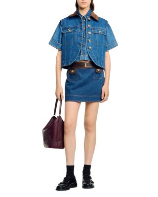 Leather Trim Mini Denim Skirt 