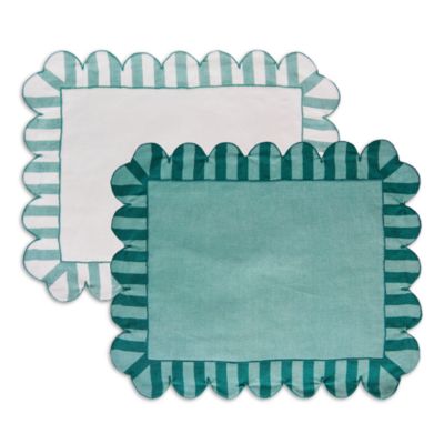 Jardin Embroidered Linen Scalloped Stripe Double-Sided Placemats, Set of 4